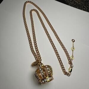 Tutti Frutti Rhinestone Royal Crown Pendant Gold Tone Chain Necklace Adjustable